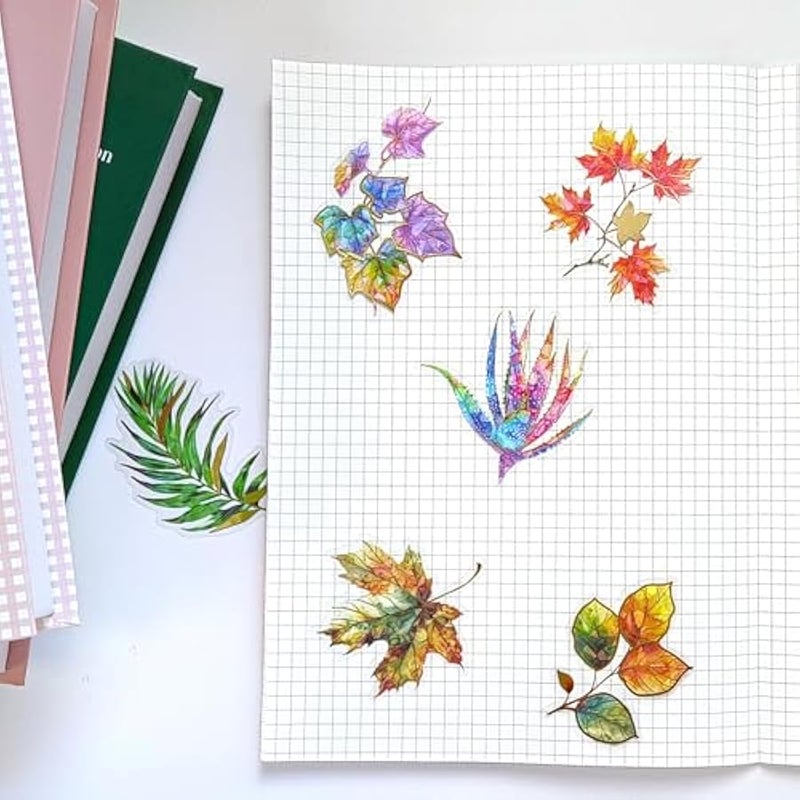 Sparkly Plant Leaf Stickers - 30 Pcs Clear PET Glitter Holographic Botanical Leaves Stickers for Scrapbook, Journal, Junk Journal, Collage - Transparent for Resin, Craft & Scrapbook Supplies - Image 2